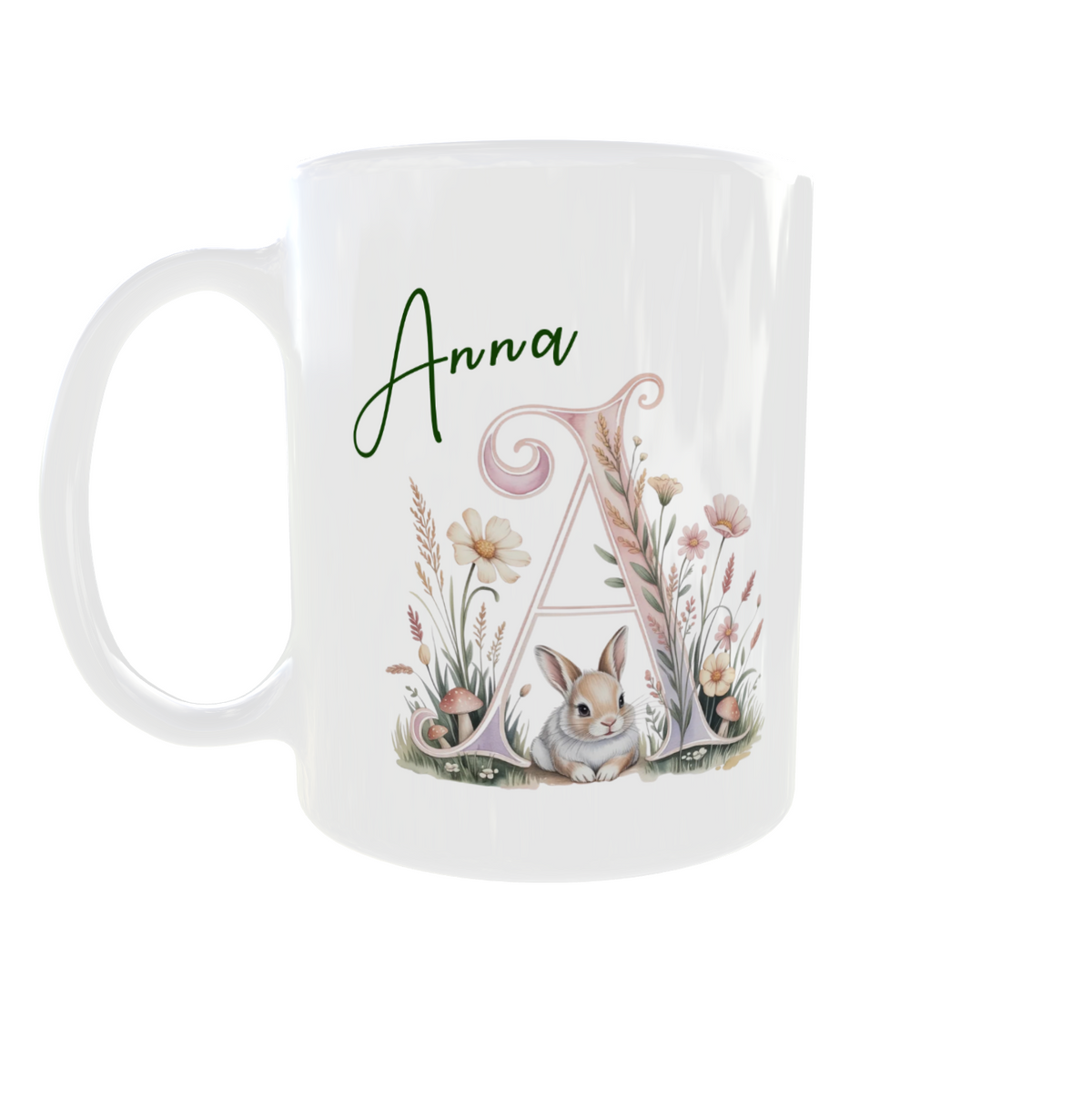 Personalisierte Tasse mit Namen und Initial – Häschen Motiv