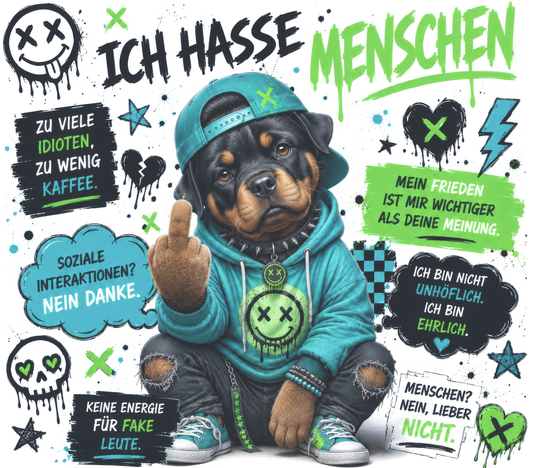 Tumbler „Ich hasse Menschen“ Rottweiler – Frecher Statement Thermobecher 20oz mit Strohhalm