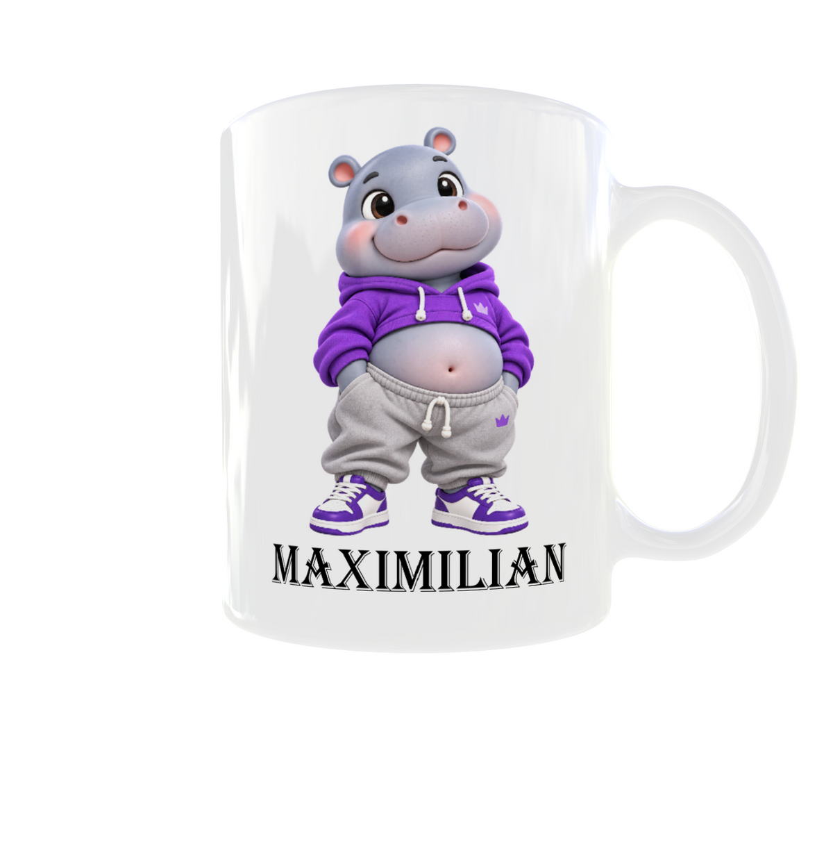 Personalisierte Nilpferd Tasse mit Namen – Süßes Hippo im lila Hoodie
