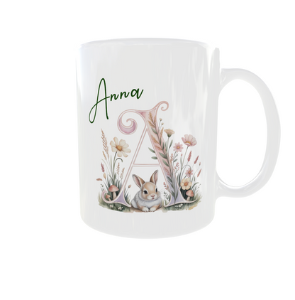 Personalisierte Tasse mit Namen und Initial – Häschen Motiv