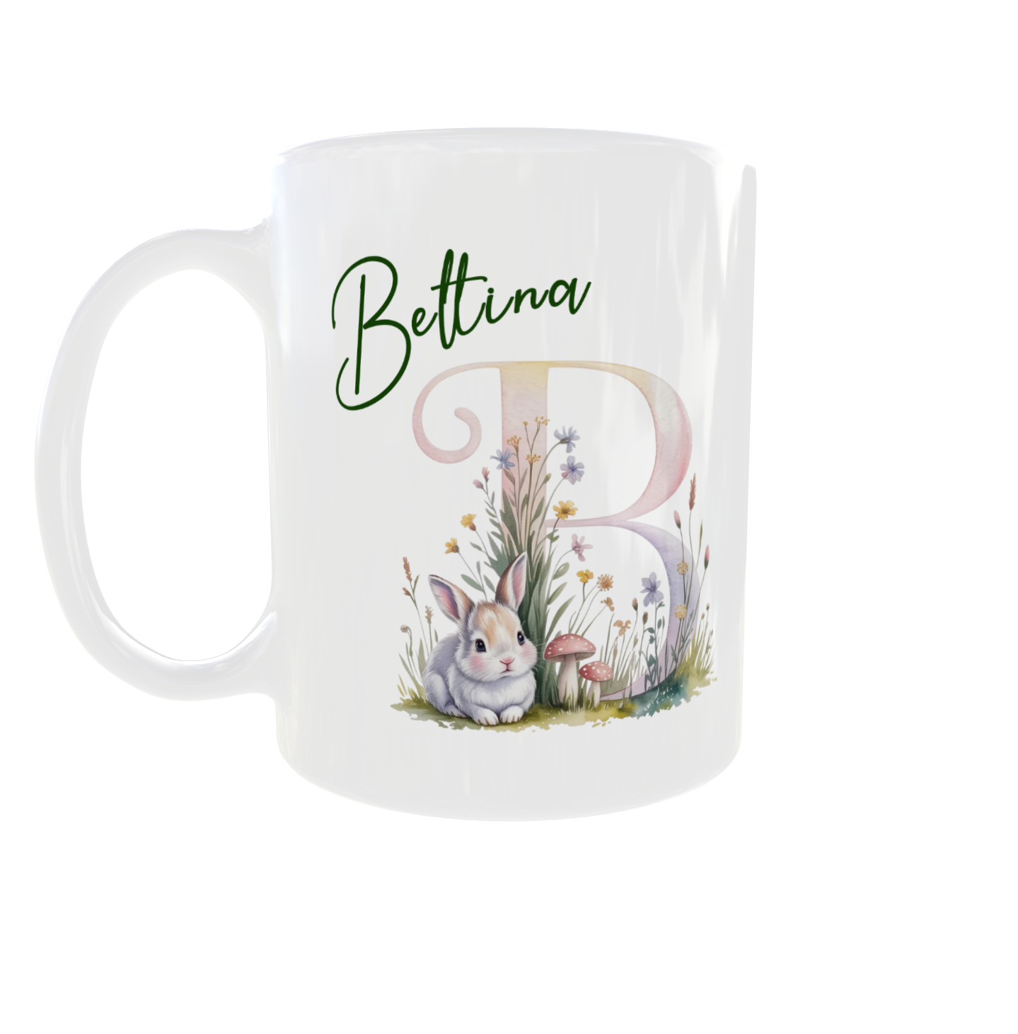 Personalisierte Tasse mit Namen und Initial – Häschen Motiv