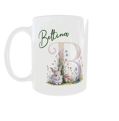 Personalisierte Tasse mit Namen und Initial – Häschen Motiv
