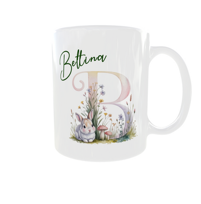 Personalisierte Tasse mit Namen und Initial – Häschen Motiv