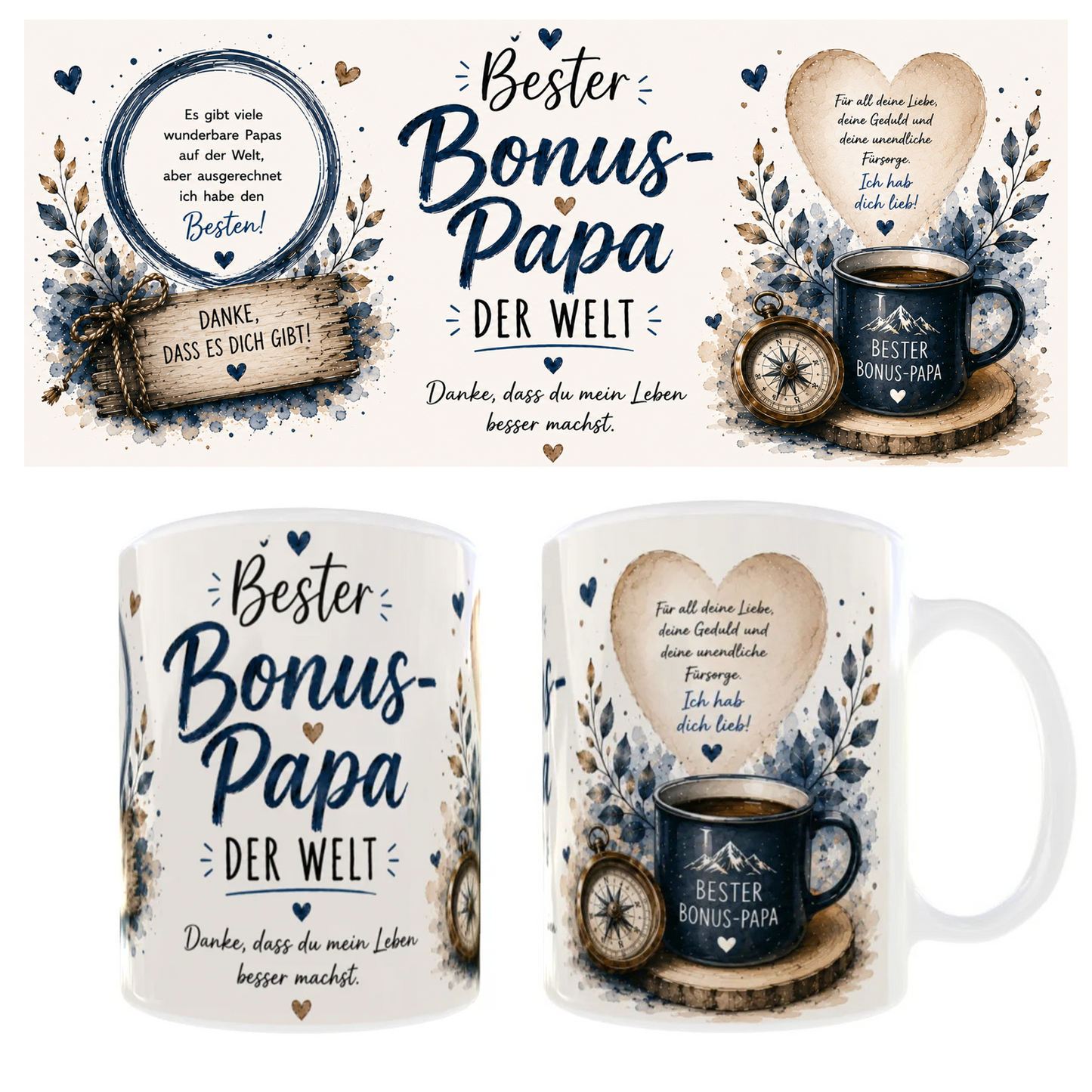 💙 Tasse „Bester Bonus-Papa der Welt“ / „Bester Papa der Welt“