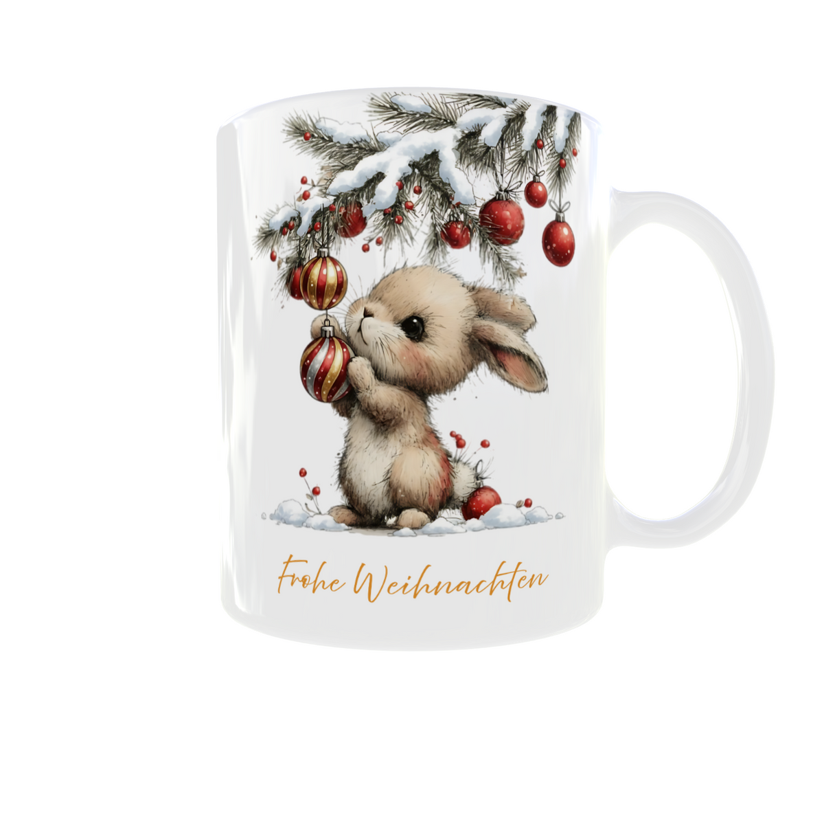 weiße Tasse mit Häschen, das hängt rote Kugeln an einen beschneiten Tannenzweig, unten drunter steht Frohe Weihnachten