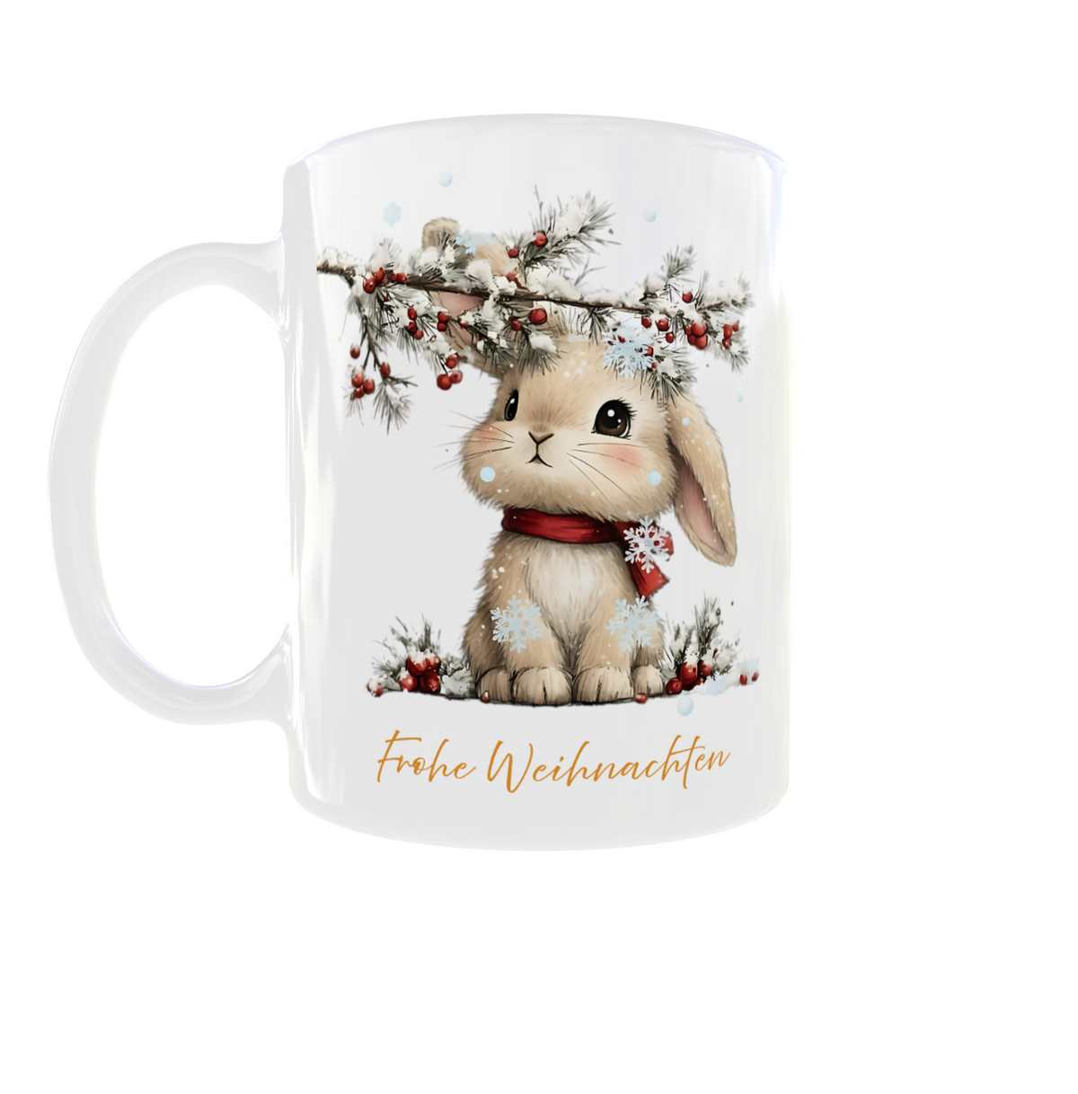 weiße Tasse mit Häschen mit rotem Schal, das unter einem beschneiten Zweig sitzt, untendrunter steht Frohe Weihnachten