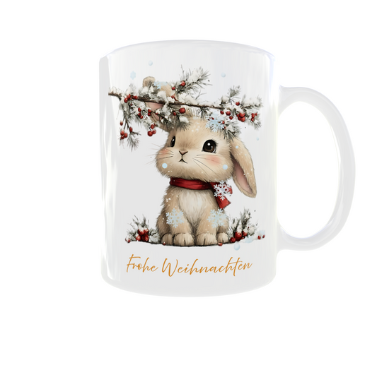 🎄 Weihnachtstasse „Frohe Weihnachten“ – süßes Häschen