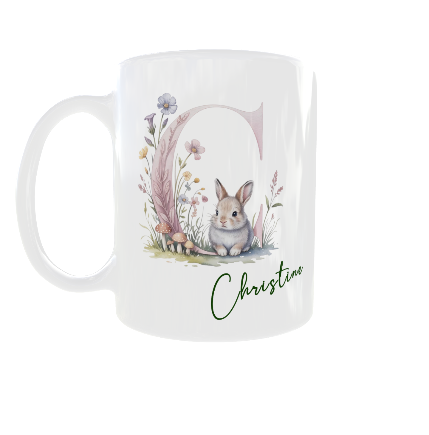 Personalisierte Tasse mit Namen und Initial – Häschen Motiv