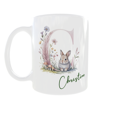 Personalisierte Tasse mit Namen und Initial – Häschen Motiv