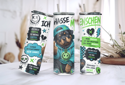 Tumbler „Ich hasse Menschen“ Rottweiler – Frecher Statement Thermobecher 20oz mit Strohhalm