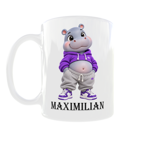 Personalisierte Nilpferd Tasse mit Namen – Süßes Hippo im lila Hoodie