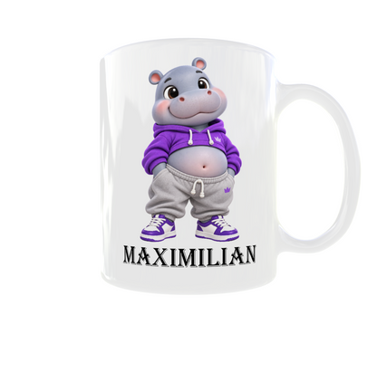 Personalisierte Nilpferd Tasse mit Namen – Süßes Hippo im lila Hoodie