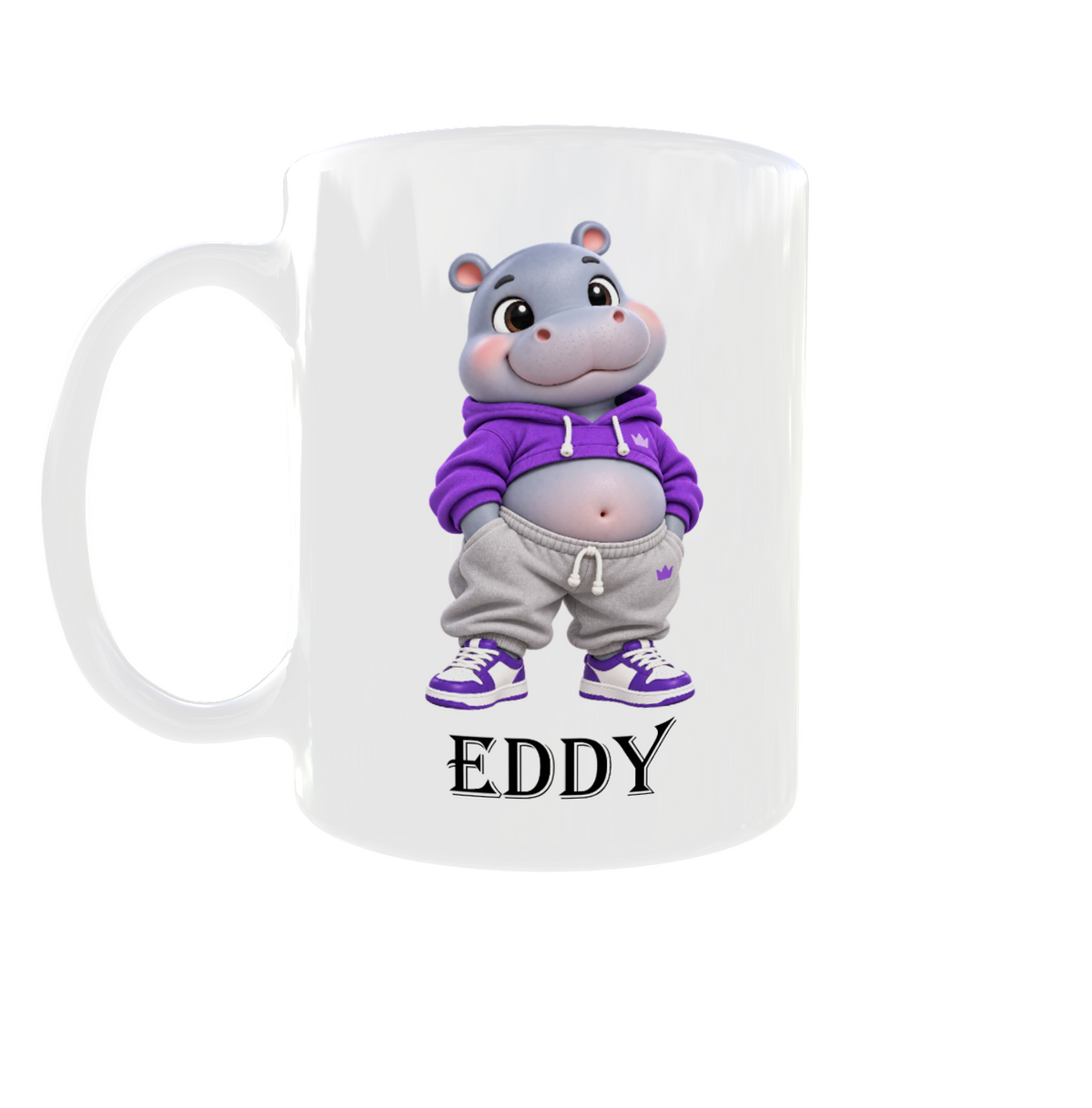 Personalisierte Nilpferd Tasse mit Namen – Süßes Hippo im lila Hoodie