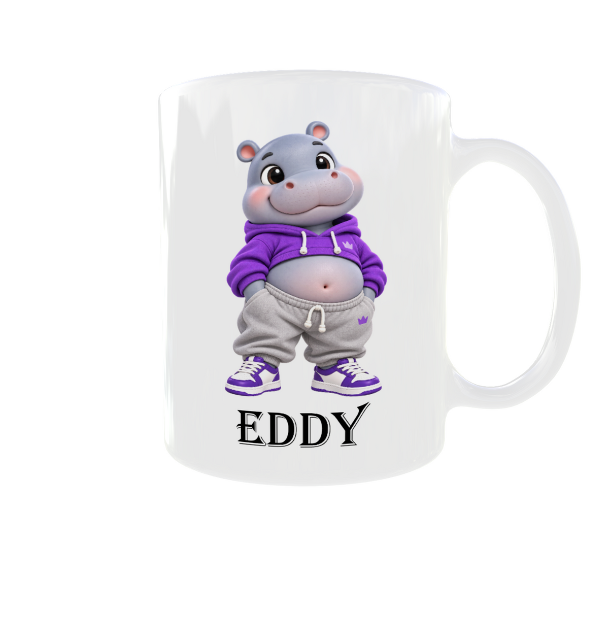 Personalisierte Nilpferd Tasse mit Namen – Süßes Hippo im lila Hoodie