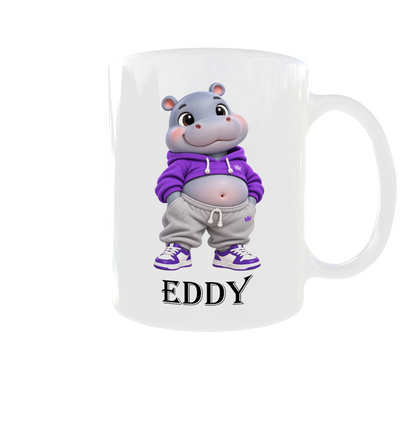 Personalisierte Nilpferd Tasse mit Namen – Süßes Hippo im lila Hoodie